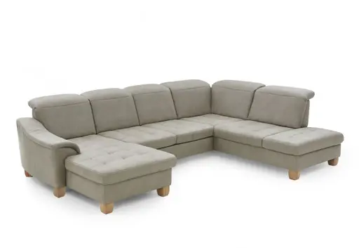 Wohnlandschaft - Longchair links mit 2,5-Sitzer und Ecke rechts, Kopfteil verstellbar, Stoff, Platin