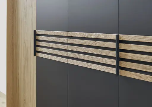 Schlafzimmer - Balkeneiche Lack Basalt, Bauchbinde Riffholz