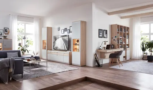 Wohnwand EM Teolo - mit Wandboard und Beleuchtung und geschroppter Rückwand, Alteiche, Lichtgrau