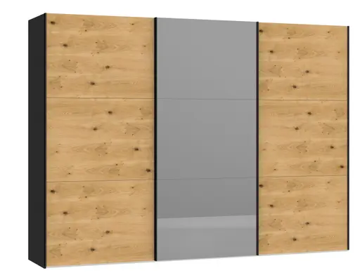 Schwebetürenschrank JOIN IT- B ac. 303 cm., Schwarz, Eiche, Furniert, Spiegel, Dunkel