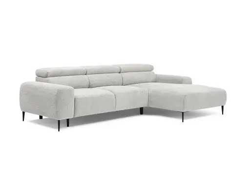 Ecksofa - 2-Sitzer mit Longchair rechts, Sitzvorzug motorisch, Kopfteil verstellbar, Stoff, Creme