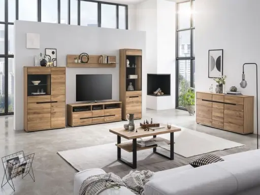 Vitrine- Eiche, Massiv, Glas, Alurahmen, Schwarz