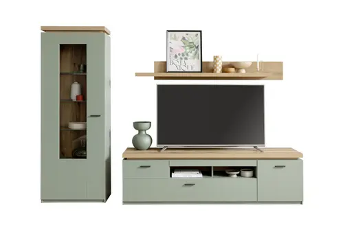 TV-Lowboard - mit Beleuchtung, B ca. 195 cm, Salbeigrün, Eiche Evoke Nachbildung
