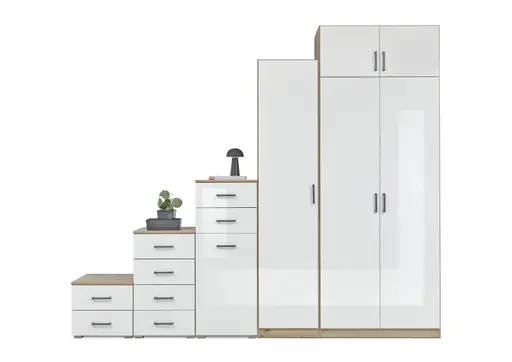 Schranksystem RHONDA- Eiche Dekor, Weiß, Hochglanz