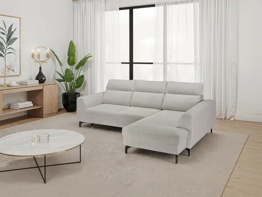 Ecksofa - 2-Sitzer mit Ecke rechts, Schlaffunktion mit Bettkasten, Stoff, Silbergrau