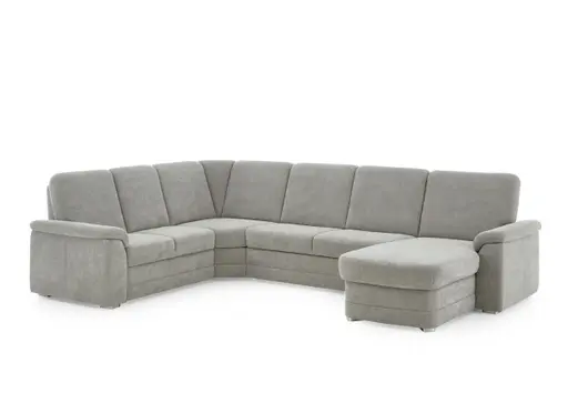 Wohnlandschaft  - Ecke links mit 2,5-Sitzer und Longchair rechts, Stoff Alufarben