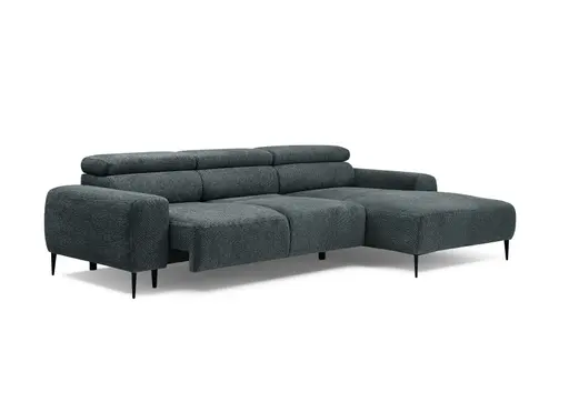 Ecksofa - 2-Sitzer mit Longchair rechts, Sitzvorzug motorisch, Kopfteil verstellbar, Stoff, Blaugrün