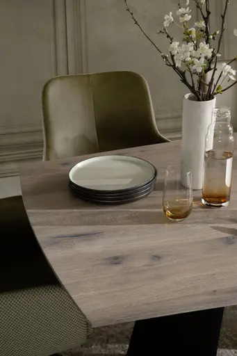 Esstisch 3100 - LB ca. 220x100 cm, Asteiche massiv, Geräuchert, Bianco, Stahlwange, Schwarz