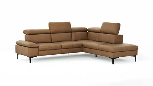 Ecksofa Felipa - 2,5-Sitzer mit Ecke rechts inkl. Kopfteil verstellbar, Leder, Cognac