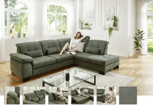 Ecksofa - 3-Sitzer mit Ecke rechts, Kopfteil verstellbar, Stoff, Moos