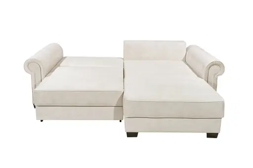 Ecksofa  - Sofa 2-Sitzer mit Longchair rechts, Schlaffunktion mit Bettkasten, Stoff, Creme