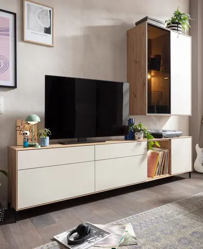 Wohnwand Medio - inkl. Beleuchtung, Melamin, Sand