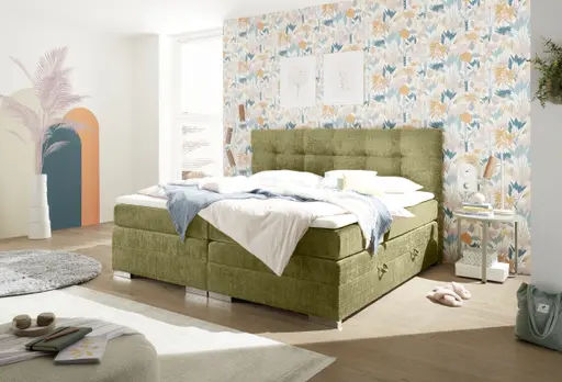 Boxspringbett SANDRIN I- Liegefläche ca. 200x200 cm, Stoff, Grün,  inkl. Stauraum