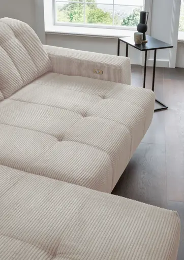Ecksofa - 2-Sitzer mit Longchair rechts, Kopfteil verstellbar, Sitzvorzug motorisch, Stoff, Beige