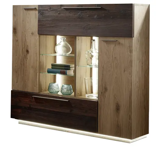 Highboard - mit Beleuchtung, Alteiche Furnier, Akzent Alm-Altholz