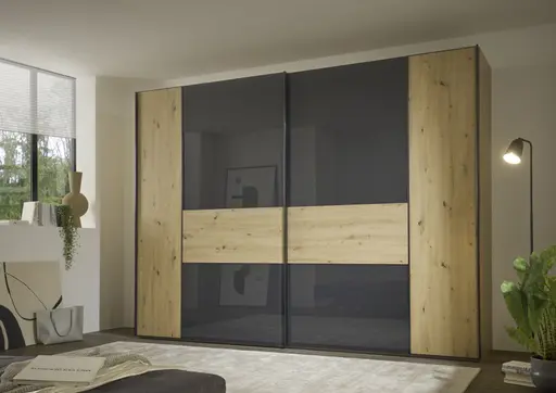 Schwebetürenschrank - mittig Anthrazitglas, B. ca. 298 cm, Dekor Artisan Eiche