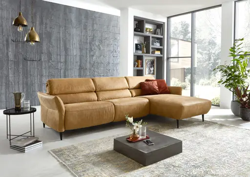 Ecksofa - 3-Sitzer mit Longchair rechts, Rückenlehne verstellbar, Leder, Kurkuma