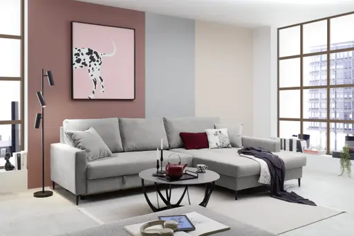 Ecksofa - 3-Sitzer mit Longchair rechts, Schlaffunktion mit Bettkasten, Stoff, Eisengrau