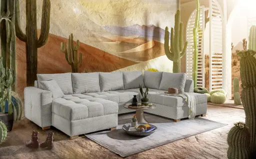 Wohnlandschaft JOSY - Longchair links, 1,5-Sitzer, Ecke rechts inkl. Schlaffunktion mit Bettkasten, Stoff, Graubeige