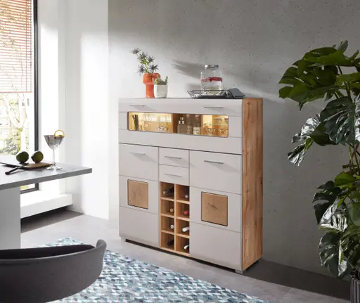 Barschrank - mit Beleuchtung, B ca. 120 cm, Eiche Altholz Nachbildung, Kaschmir