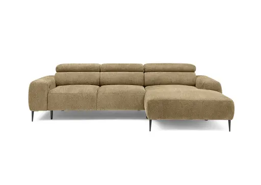 Ecksofa - 2-Sitzer mit Longchair rechts, Sitzvorzug motorisch, Kopfteil verstellbar, Stoff, Senfgelb