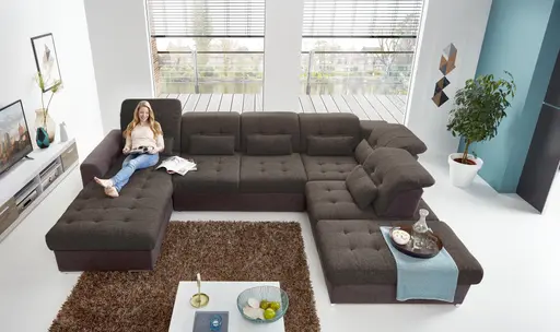 Wohnlandschaft - Longchair links, 3-Sitzer, Ecke rechts inkl. Schlaffunktion, Bettkasten, Kopfteilverstellung, Sitztiefenverstellung in Kunstleder Braun