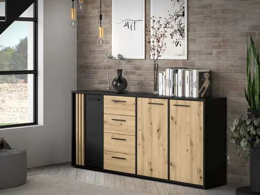 Sideboard FLORISS- Schwarz, Eiche Dekor