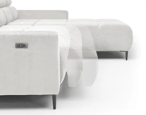 Ecksofa - 2-Sitzer mit Longchair rechts, Sitztiefe verstellbar motorisch/Kopfteil verstellbar, Stoff, Creme