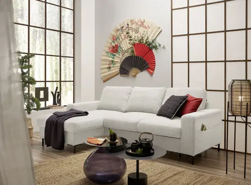 Ecksofa - Longchair links mit 2-Sitzer, Stoff, Creme