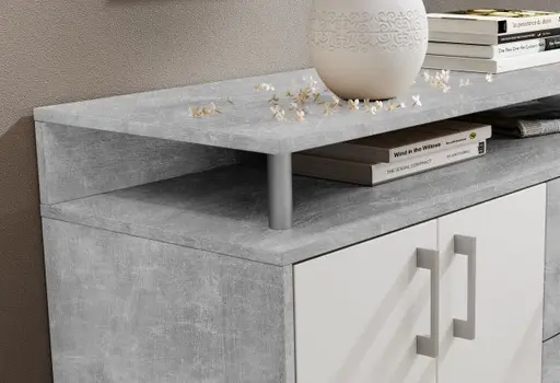 Highboard - B ca. 139 cm, Betonoptik, Weiß