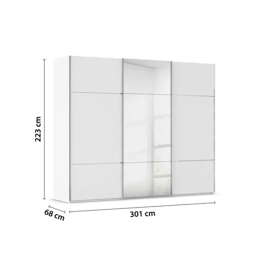 Schwebetürenschrank - B. ca. 301 cm, Alpinweiß Dekor, Mitteltür Spiegel