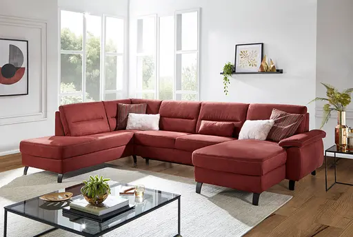 Wohnlandschaft - Ecke links mit 2-Sitzer und Longchair rechts, Stoff, Weinrot