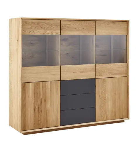 Highboard Missoula - Asteiche massiv, natur geölt - Schublade mit Glas anthrazit