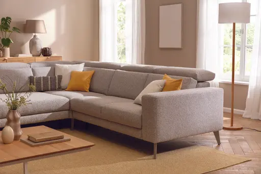 Ecksofa Braska - Loungecke links mit 2,5-Sitzer rechts, inkl. Sitzauszug (motorisch) und Kopfstütze, Stoff, Kaschmir