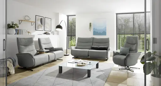 Sofa EM Lun - 2,5-Sitzer, Tisch mit Kissen, Relaxfunktion, Kopfteilverstellung, Leder, grau