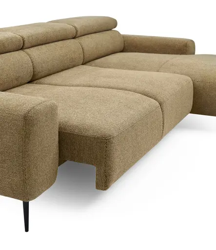 Ecksofa - 2-Sitzer mit Longchair rechts, Sitzvorzug motorisch, Kopfteil verstellbar, Stoff, Senfgelb