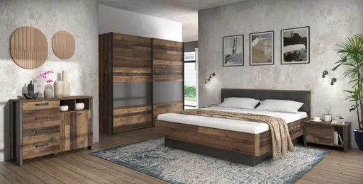 Bettgestell FEA - gepolstertes Kopfteil, Liegefläche ca. 180x200 cm, Old Wood Vintage Dekor, Betonoptik Dunkelgrau