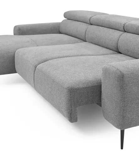 Ecksofa - Longchair links mit 2-Sitzer, Sitzvorzug motorisch, Kopfteil verstellbar, Stoff, Grau