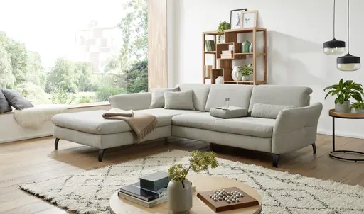 Ecksofa - Longchair links mit 2-Sitzer, Armlehne/Sitztiefe verstellbar, Stoff, Einsengrau