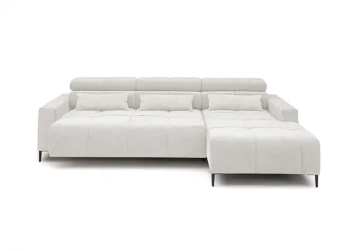Ecksofa - 2-Sitzer mit Longchair rechts, Sitztiefe verstellbar motorisch/Kopfteil verstellbar, Stoff, Creme