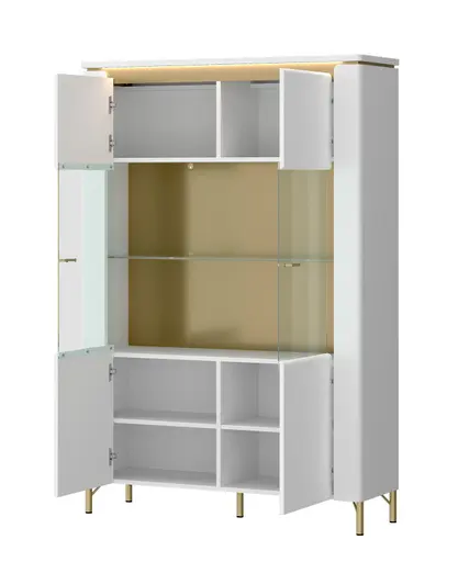 Vitrine - mit Beleuchtung, Alpinweiß, Goldfarben, Weiß Hochglanz
