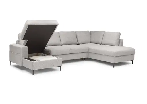 Wohnlandschaft - Longchair links mit 2-Sitzer und Ecke rechts, Stoff, Silbergrau