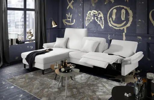 Ecksofa CALM PREMIUM 2.0 - Longchair links mit 3-Sitzer, Relaxfunktion motorisch, Armlehne verstellbar, Stoff, Hellgrau