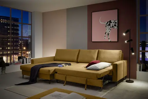Ecksofa - Longchair links mit 3-Sitzer, Schlaffunktion mit Bettkasten, Stoff, Senfgelb