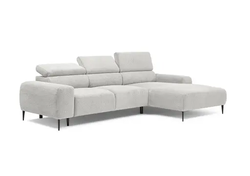 Ecksofa - 2-Sitzer mit Longchair rechts, Sitzvorzug motorisch, Kopfteil verstellbar, Stoff, Creme
