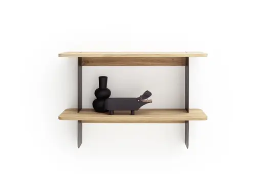 Wandregal Olai - Asteiche massiv, Metall, Schwarz