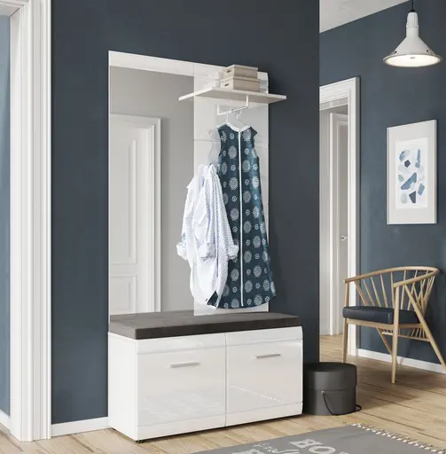 Garderobe GALDO - mit Spiegel, Weiß, Hochglanz