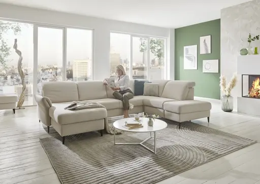 Wohnlandschaft - Longchair links mit 2,5-Sitzer und Ecke rechts, Kopfteil vertellbar, Stoff, Ecru
