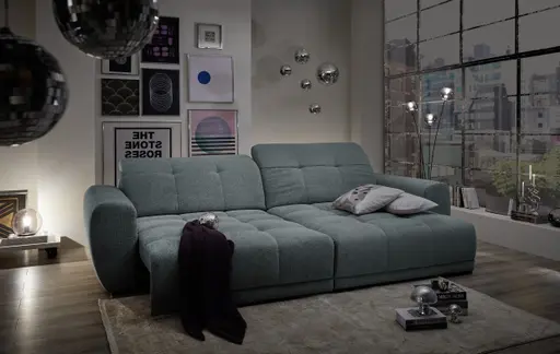 Ecksofa -2-Sitzer mit Longchair rechts, Kopfteil verstellbar, Sitztiefe verstellbar motorisch, Stoff, Eisblau