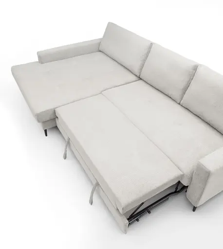 Ecksofa - Longchair links mit 3-Sitzer, Schlaffunktion mit Bettkasten, Stoff, Creme